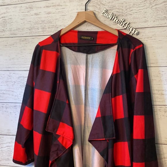 *Reborn Collection Red Black Buffalo Plaid Plus Size Open Front Cardigan Top - Picture 2 of 9